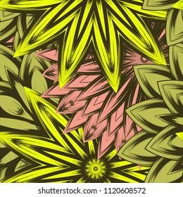 Seamless floral background. Tracery handmade nature ethnic fabric backdrop pattern with flowers. Textile design texture. Decorative color art. Vector