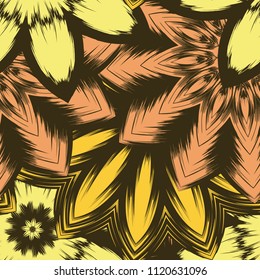 Seamless floral background. Tracery handmade nature ethnic fabric backdrop pattern with flowers. Textile design texture. Decorative color art. Vector