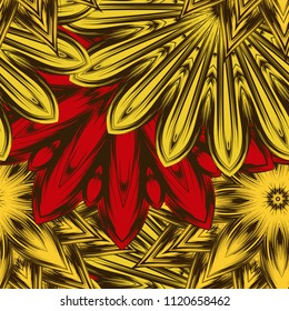 Seamless floral background. Tracery handmade nature ethnic fabric backdrop pattern with flowers. Textile design texture. Decorative color art. Vector