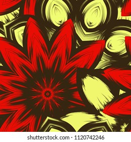 Seamless floral background. Tracery handmade nature ethnic fabric backdrop pattern with flowers. Textile design texture. Decorative color art. Vector