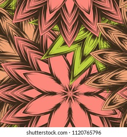 Seamless floral background. Tracery handmade nature ethnic fabric backdrop pattern with flowers. Textile design texture. Decorative color art. Vector