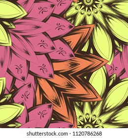 Seamless floral background. Tracery handmade nature ethnic fabric backdrop pattern with flowers. Textile design texture. Decorative color art. Vector