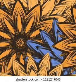 Seamless floral background. Tracery handmade nature ethnic fabric backdrop pattern with flowers. Textile design texture. Decorative color art. Vector