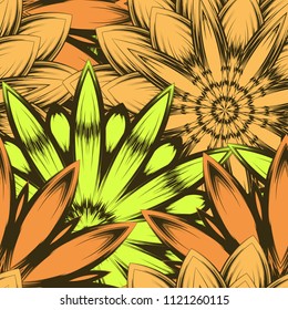 Seamless floral background. Tracery handmade nature ethnic fabric backdrop pattern with flowers. Textile design texture. Decorative color art. Vector