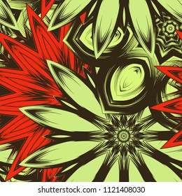 Seamless floral background. Tracery handmade nature ethnic fabric backdrop pattern with flowers. Textile design texture. Decorative color art. Vector