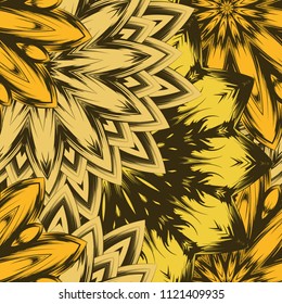 Seamless floral background. Tracery handmade nature ethnic fabric backdrop pattern with flowers. Textile design texture. Decorative color art. Vector
