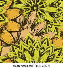 Seamless floral background. Tracery handmade nature ethnic fabric backdrop pattern with flowers. Textile design texture. Decorative color art. Vector