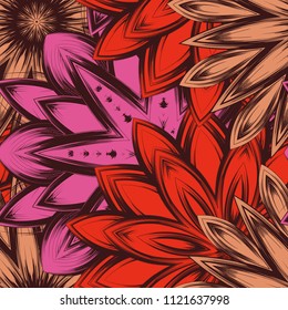 Seamless floral background. Tracery handmade nature ethnic fabric backdrop pattern with flowers. Textile design texture. Decorative color art. Vector