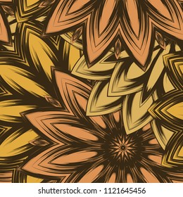 Seamless floral background. Tracery handmade nature ethnic fabric backdrop pattern with flowers. Textile design texture. Decorative color art. Vector