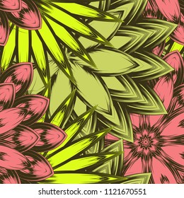 Seamless floral background. Tracery handmade nature ethnic fabric backdrop pattern with flowers. Textile design texture. Decorative color art. Vector