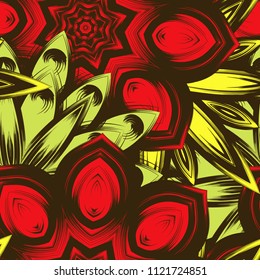 Seamless floral background. Tracery handmade nature ethnic fabric backdrop pattern with flowers. Textile design texture. Decorative color art. Vector