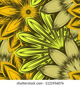 Seamless floral background. Tracery handmade nature ethnic fabric backdrop pattern with flowers. Textile design texture. Decorative color art. Vector