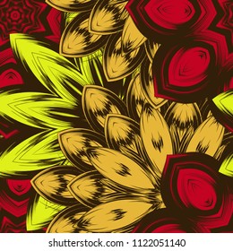 Seamless floral background. Tracery handmade nature ethnic fabric backdrop pattern with flowers. Textile design texture. Decorative color art. Vector