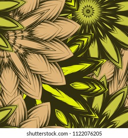 Seamless floral background. Tracery handmade nature ethnic fabric backdrop pattern with flowers. Textile design texture. Decorative color art. Vector
