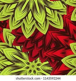 Seamless floral background. Tracery handmade nature ethnic fabric backdrop pattern with flowers. Textile design texture. Decorative color art. Vector