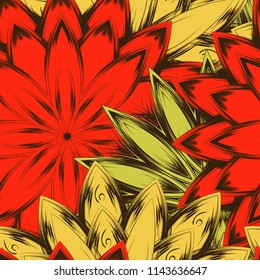 Seamless floral background. Tracery handmade nature ethnic fabric backdrop pattern with flowers. Textile design texture. Decorative color art. Vector