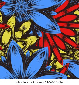 Seamless floral background. Tracery handmade nature ethnic fabric backdrop pattern with flowers. Textile design texture. Decorative color art. Vector