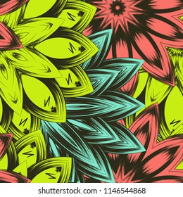 Seamless floral background. Tracery handmade nature ethnic fabric backdrop pattern with flowers. Textile design texture. Decorative color art. Vector
