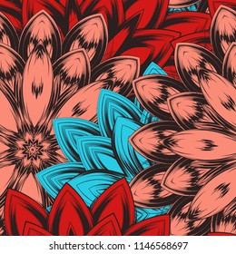 Seamless floral background. Tracery handmade nature ethnic fabric backdrop pattern with flowers. Textile design texture. Decorative color art. Vector