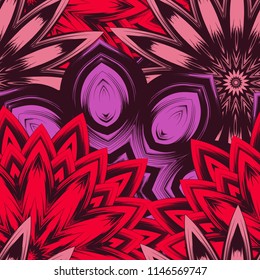 Seamless floral background. Tracery handmade nature ethnic fabric backdrop pattern with flowers. Textile design texture. Decorative color art. Vector