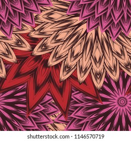 Seamless floral background. Tracery handmade nature ethnic fabric backdrop pattern with flowers. Textile design texture. Decorative color art. Vector