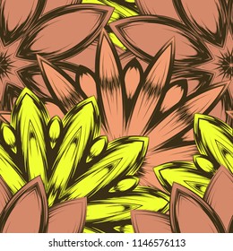 Seamless floral background. Tracery handmade nature ethnic fabric backdrop pattern with flowers. Textile design texture. Decorative color art. Vector
