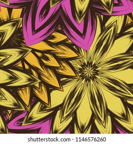 Seamless floral background. Tracery handmade nature ethnic fabric backdrop pattern with flowers. Textile design texture. Decorative color art. Vector