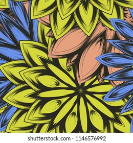 Seamless floral background. Tracery handmade nature ethnic fabric backdrop pattern with flowers. Textile design texture. Decorative color art. Vector
