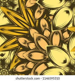 Seamless floral background. Tracery handmade nature ethnic fabric backdrop pattern with flowers. Textile design texture. Decorative color art. Vector