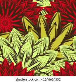 Seamless floral background. Tracery handmade nature ethnic fabric backdrop pattern with flowers. Textile design texture. Decorative color art. Vector