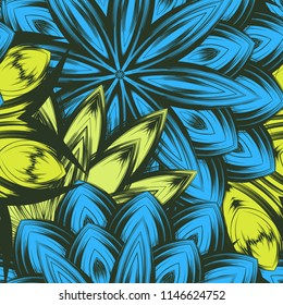 Seamless floral background. Tracery handmade nature ethnic fabric backdrop pattern with flowers. Textile design texture. Decorative color art. Vector