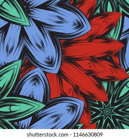 Seamless floral background. Tracery handmade nature ethnic fabric backdrop pattern with flowers. Textile design texture. Decorative color art. Vector