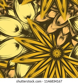 Seamless floral background. Tracery handmade nature ethnic fabric backdrop pattern with flowers. Textile design texture. Decorative color art. Vector