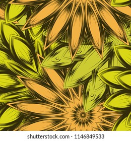 Seamless floral background. Tracery handmade nature ethnic fabric backdrop pattern with flowers. Textile design texture. Decorative color art. Vector