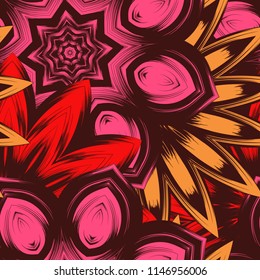 Seamless floral background. Tracery handmade nature ethnic fabric backdrop pattern with flowers. Textile design texture. Decorative color art. Vector