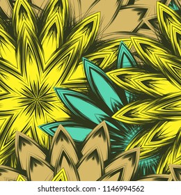 Seamless floral background. Tracery handmade nature ethnic fabric backdrop pattern with flowers. Textile design texture. Decorative color art. Vector