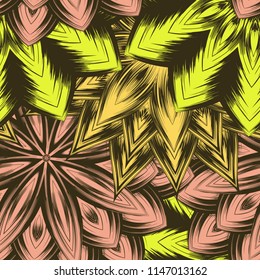 Seamless floral background. Tracery handmade nature ethnic fabric backdrop pattern with flowers. Textile design texture. Decorative color art. Vector