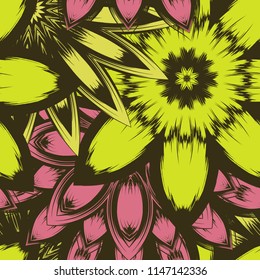 Seamless floral background. Tracery handmade nature ethnic fabric backdrop pattern with flowers. Textile design texture. Decorative color art. Vector