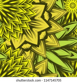 Seamless floral background. Tracery handmade nature ethnic fabric backdrop pattern with flowers. Textile design texture. Decorative color art. Vector