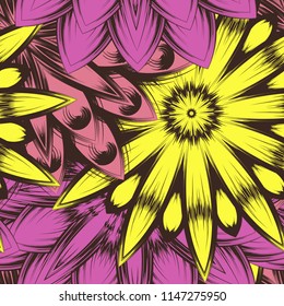 Seamless floral background. Tracery handmade nature ethnic fabric backdrop pattern with flowers. Textile design texture. Decorative color art. Vector