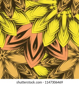 Seamless floral background. Tracery handmade nature ethnic fabric backdrop pattern with flowers. Textile design texture. Decorative color art. Vector