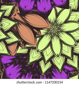 Seamless floral background. Tracery handmade nature ethnic fabric backdrop pattern with flowers. Textile design texture. Decorative color art. Vector