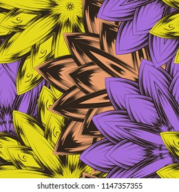 Seamless floral background. Tracery handmade nature ethnic fabric backdrop pattern with flowers. Textile design texture. Decorative color art. Vector