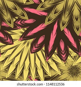 Seamless floral background. Tracery handmade nature ethnic fabric backdrop pattern with flowers. Textile design texture. Decorative color art. Vector