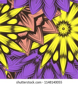 Seamless floral background. Tracery handmade nature ethnic fabric backdrop pattern with flowers. Textile design texture. Decorative color art. Vector