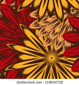 Seamless floral background. Tracery handmade nature ethnic fabric backdrop pattern with flowers. Textile design texture. Decorative color art. Vector
