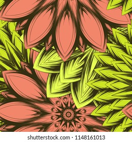 Seamless floral background. Tracery handmade nature ethnic fabric backdrop pattern with flowers. Textile design texture. Decorative color art. Vector