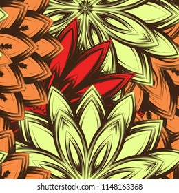 Seamless floral background. Tracery handmade nature ethnic fabric backdrop pattern with flowers. Textile design texture. Decorative color art. Vector
