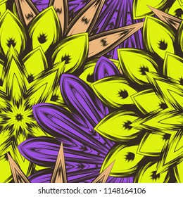 Seamless floral background. Tracery handmade nature ethnic fabric backdrop pattern with flowers. Textile design texture. Decorative color art. Vector