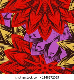 Seamless floral background. Tracery handmade nature ethnic fabric backdrop pattern with flowers. Textile design texture. Decorative color art. Vector